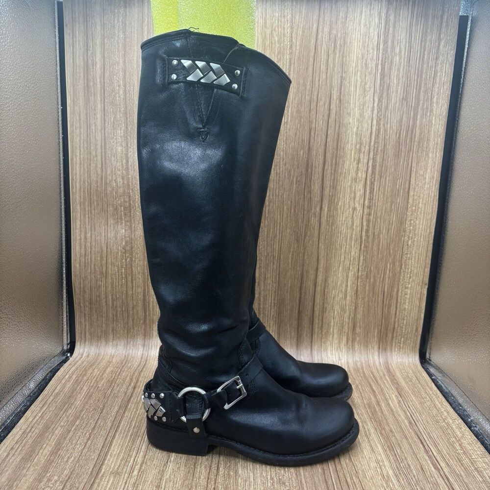 FRYE 77637 Jenna Chain‎ Harness Tall Black Leather Motorcycle Biker Boots 6 B